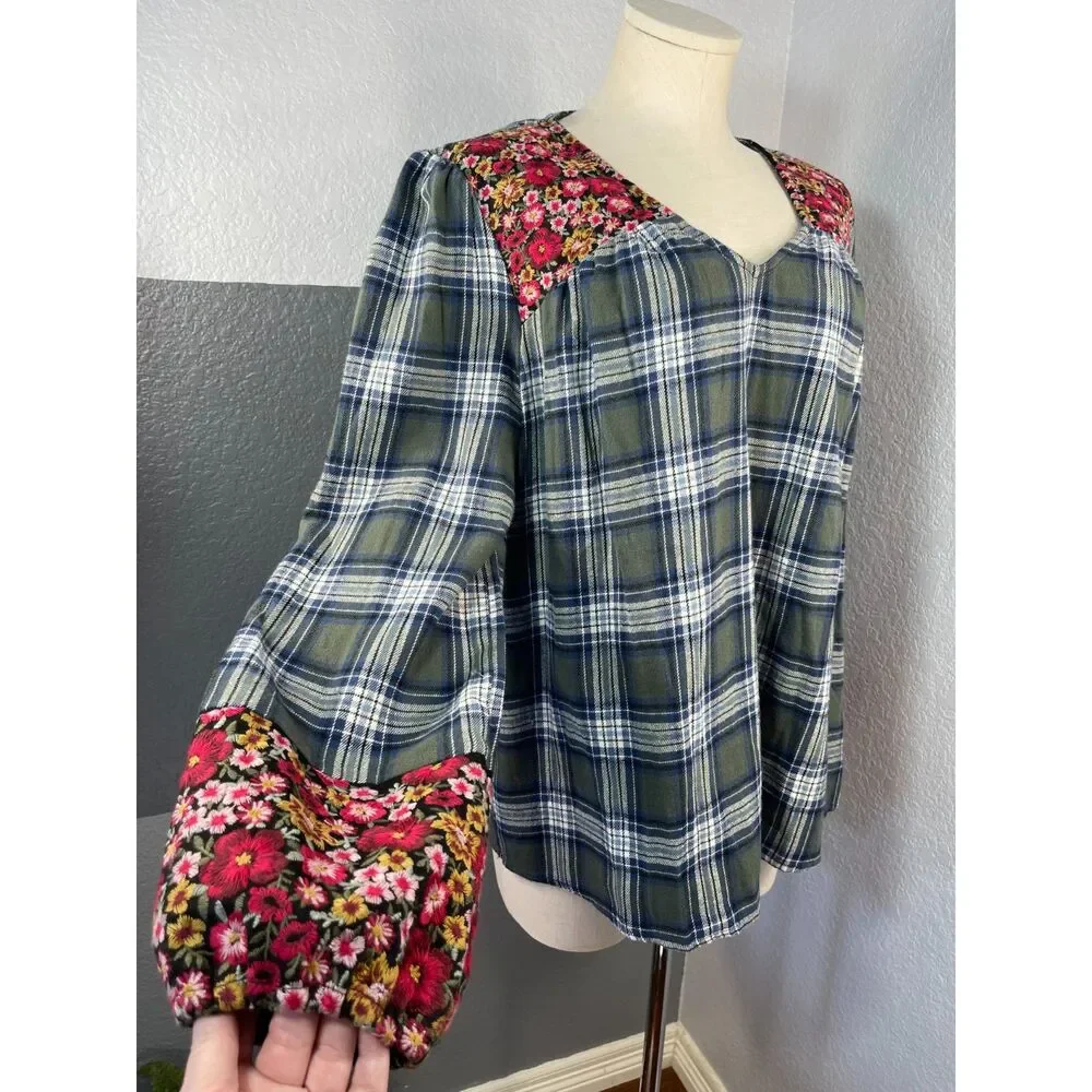 Savanna Jane Plaid Floral Embroidered Peasant Blouse L Green Cottagecore Boho